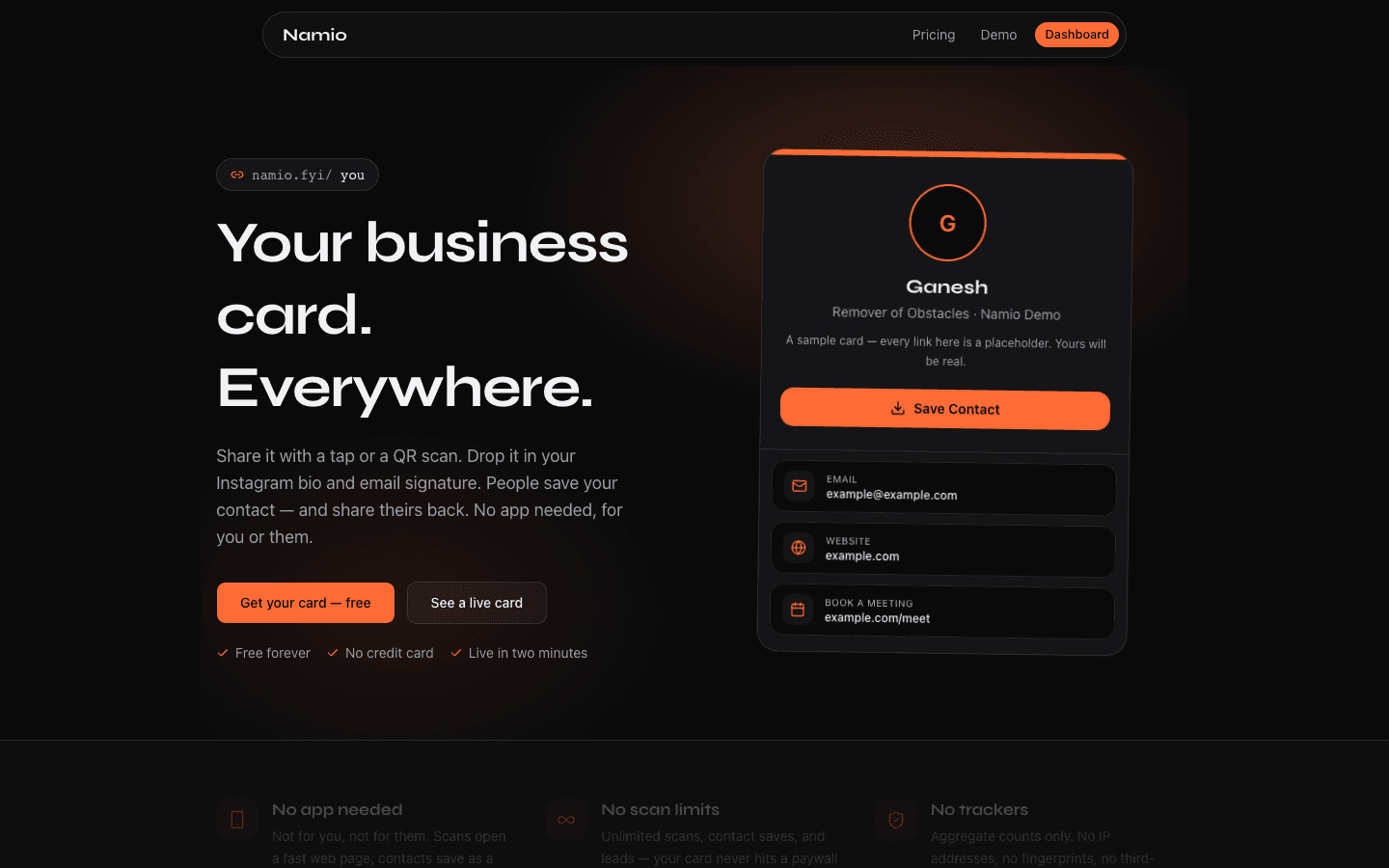 Namio digital business card website